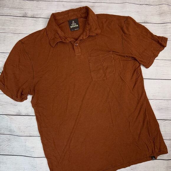 5/$25 PRANA Men's Super Soft Short Sleeve Polo Shirt Tawny Brown Size Large - Picture 1 of 7